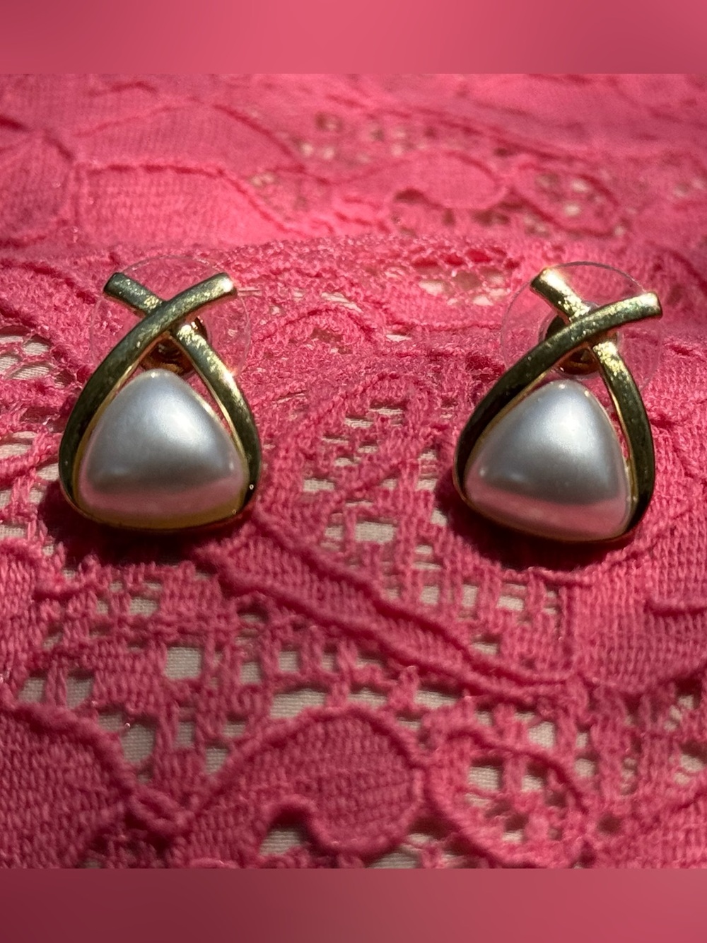 2/$15 Gold-Tone Pearl Triangle Stud Earrings - White Pearl Classic Wardrobe - Picture 3 of 3
